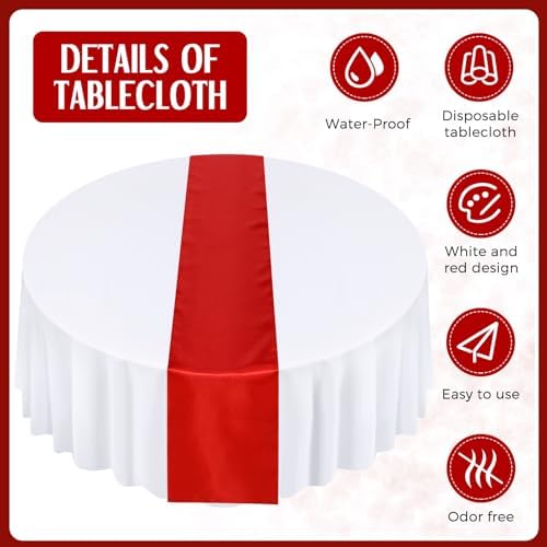 Tudomro 16 Pcs White and Red Round Tablecloth and Satin Runner Set - Image 3