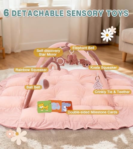 5-in-1 Baby Play Gym and Tummy Time Mat, 12 Learning Cards, Plush Activity Mat with 6 Toys, Baby Gym, Convertible to Ball Pit, Baby Gift, Pink - Image 3