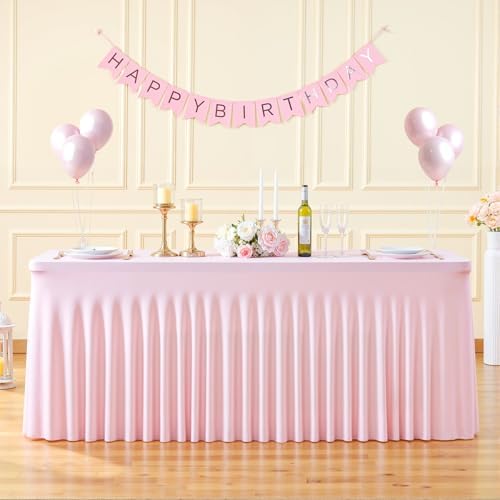 Pink Spandex Tablecloths for Rectangle Tables 8 Foot Pink Stretch Table Cloth Rectangle 8ft Elastic Fitted Table Cover with Skirt for Wedding Baby Shower Girl Birthday Party Banquet Buffet Event by Suppromo