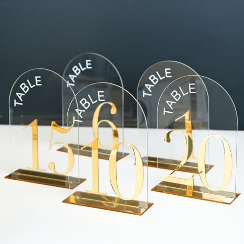 Clear Arch Wedding Table Numbers 1-20, Gold Numbers and Stands - Image 5