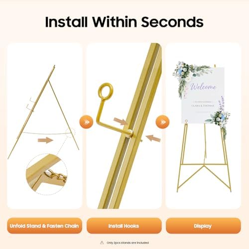 2pcs Wedding Welcome Sign Holder Portable Easel Display Stand for Poster Gold Metal Party Sign Stand Background Decor Tall Floor Easel Frame for Photo Reception Board Birthday Baby Bridal Shower Graduation (44.5''H) - Image 5