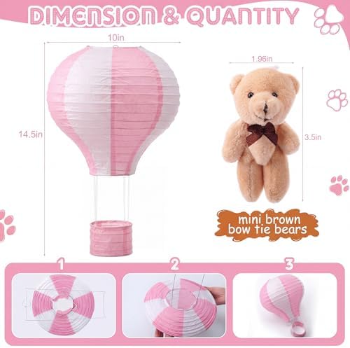 Gemscream 12 Sets Baby Shower Decor Bear Hot Air Balloon Table Centerpieces DIY Hot Air Balloon Paper Lantern with Brown Mini Bears for Wedding Birthday Gender Reveal Party - Image 2