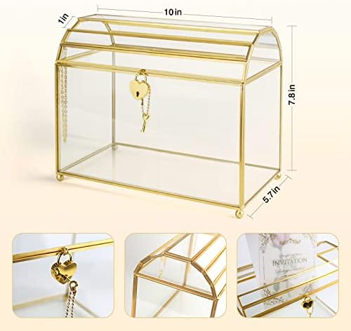 Gold Wedding Glass Card Box with Slot and Heart Lock, Large Clear Card Box for Wedding Reception, Bridal Shower, Handmade Brass Glass Display Box Weddings Centerpiece - Image 7