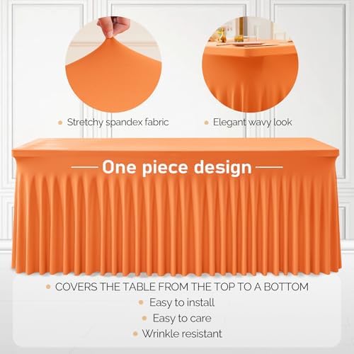 2 Packs Orange Table Clothes for 8 Foot Rectangle Tables, One-Piece Wrinkle Resistant Stretch Spandex Table Covers with Skirt for Event Banquet Wedding Birthday Party - Image 2