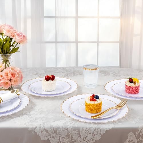 YOUBET 350PCS White and Gold Scalloped Plastic Plates for Wedding Party - Image 6