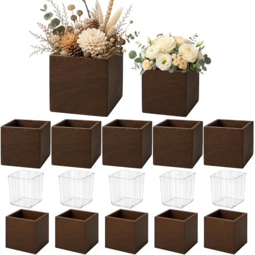 CONNOO 12 Set Wood Cube Planter Boxes, Square Vase Rustic Centerpieces by CONNOO