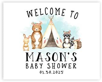 Andaz Press Custom Large Baby Shower Canvas Welcome Sign, 16 x 20 Inches, Woodland Animals, Guestbook Alternative, Personalized Sign Our Canvas, for Woodland Forest Animal Baby Shower, Baby Sprinkle by AndazPress