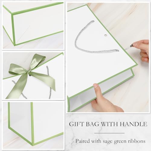 Silkfly 24 Pcs Paper Gift Bags with Handles & Bow Ribbon, White, Sage Green - Image 5