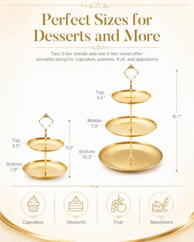 3 Tier Gold Cupcake Stand 3 Pack, Stainless Steel Tiered Dessert Stand 3 Layer Cupcake Display Tower with 2 Tier Cake Stand for Wedding Birthday Party Baby Shower - Image 7