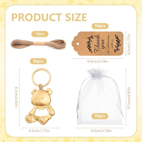 50Pack Bear Bottle Opener Keychain Baby Shower Return Favors for Guests Bear Bottle Opener with Organza Bags Tags for Birthday Wedding Decoration Return Gift Souvenirs - Image 2