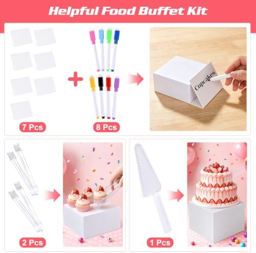 [7 Pcs] White Buffet Risers Food Risers - Dessert Table Display Set and Food Cake Stands with Table Sign and Maker,Serving Tongs,Cake Cutter for Wedding Birthday Party Decoration(Size 9" 8" 7" 6" 5" 4" 3") - Image 6