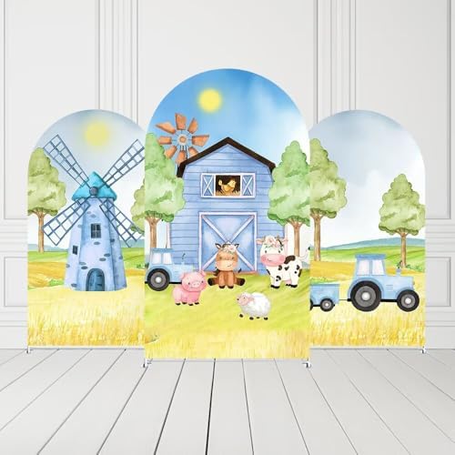 Arch Backdrop Covers 5x3ft(HxW) for Blue Barn Farm Truck Birthday Party Decorations Double-Sided Chiara Arched Stand Fabric Cover Kids Baby Shower Parties Tablecloth Props - Image 3