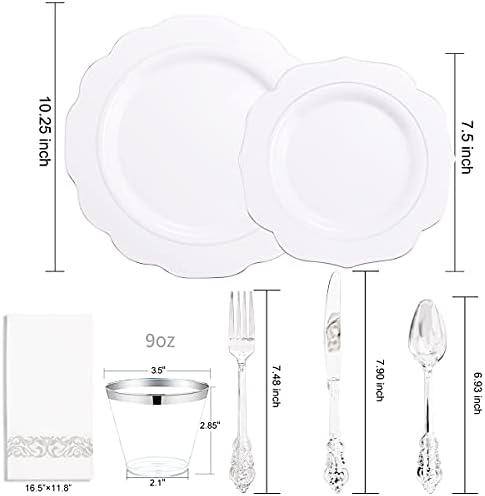 NOCCUR 175pcs Silver Plastic Plates - Silver Rim Plastic Tableware Include 25 Dinner/Dessert Plates, 25 Forks, 25 Knives, 25 Spoons for Wedding/Party - Image 3