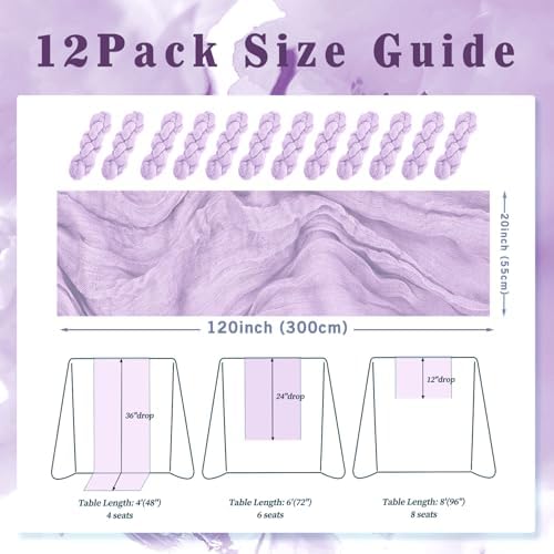12 Pack Lilac Cheesecloth Table Runner 10FT Rustic Gauze Cheese Cloth Table Runner for Wedding 20 x 120 Inch Long Bridal Baby Shower Table Decor Boho Fabric Sheer Birthday Party Table Decorations - Image 2