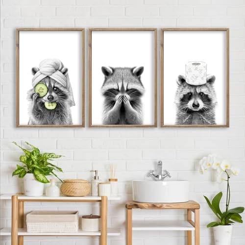 flowtorely Raccoon Bathroom Wall Decor Art 16x11 Inch Set of 3 Wood by flowtorely