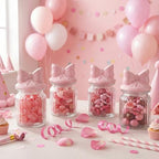 Potchen Pink Bow Candy Jars Airtight Glass Cookie Jars with Ceramic Bow Lid Cute Clear Stripes Cookie Storage Canister for Spring Summer Baby Shower Party(4 Sets,8oz) - Image 6