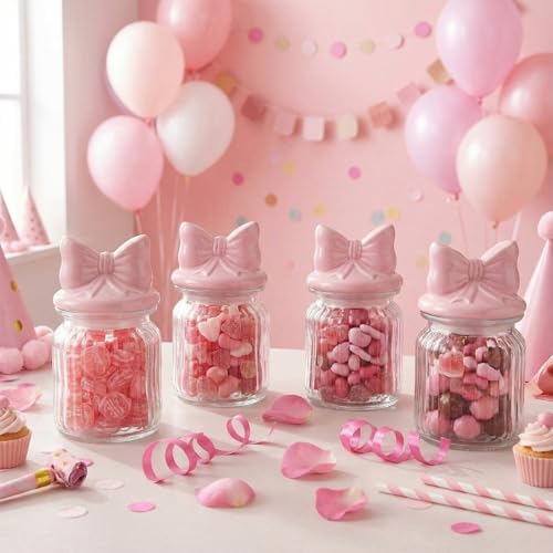 Potchen Pink Bow Candy Jars Airtight Glass Cookie Jars with Ceramic Bow Lid Cute Clear Stripes Cookie Storage Canister for Spring Summer Baby Shower Party(4 Sets,8oz) - Image 6