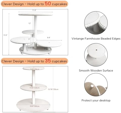 GENMOUS 2PCS 3 Tier and 4 Tier Beaded Cupcake Stand Set for Birthday Party Decor,Rustic Wooden Cupcake Tower Stands for 74 Cupcakes,White Cupcake Tiered Stand Display for Wedding Baby Shower Tea Party - Image 4