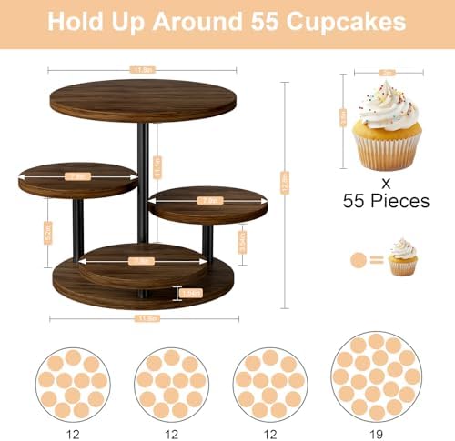 Cupcake Holder for 50 Cupcakes Wood Cake Stand with 4 Tiered Serving Tray 360°Rotating Dessert Stands Round Cookie Trays for Parties Wedding Baby Shower Afternoon Tea Dessert Table, Walnut - Image 3