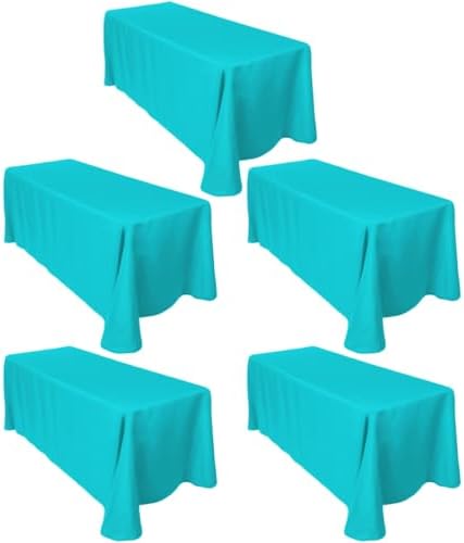LTC LINENS 5-Pack Rectangular Tablecloths 90 in x 132 in with Rounded Corners - Turquoise Table Cloths for 6 ft Rectangle Tables Floor Length - Polyester Fabric Cloth Table Covers for Wedding, Party by LTCLINENS