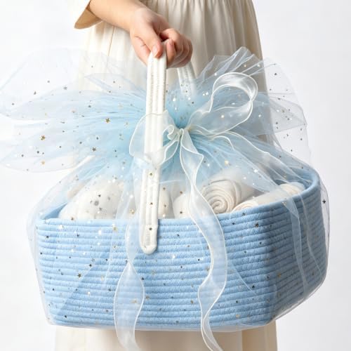 Large Woven Basket for Gifts Empty, Storage Basket 15" x 11" x 6.5" with Glitter Tulle, Ribbon and Card Paper, One-Handle Design, DIY Time for Holiday Gifts, Baby & Pet Toys, Graduation - Blue by Unknown