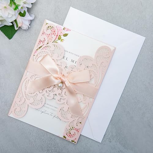 20Pcs Blush Pink Laser Cut Wedding Invitation Cards With Envelopes - Image 6