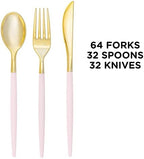 Luxe Party 128 Pieces Two Tone Plastic Disposable Cutlery | Forks-Spoons-Knives | Full Size | Chic Round | Blush and Gold - Image 3