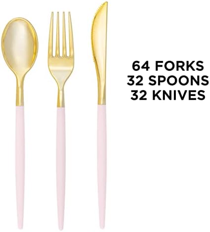 Luxe Party 128 Pieces Two Tone Plastic Disposable Cutlery | Forks-Spoons-Knives | Full Size | Chic Round | Blush and Gold - Image 3