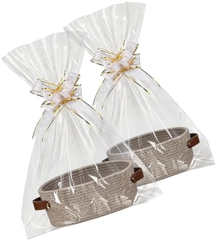 Empty Gift Basket Kit, 2-Pack Woven Storage Bin with Leather Handles Clear Cello Bags Pull Bows for Wrapping Presents Baby Shower Holiday by Unknown