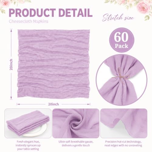 60Pack Lavender Cheesecloth Napkins Rustic Boho Gauze Napkins 20"x20" - Image 3
