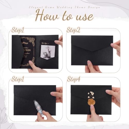50 Set Wedding Invitation Kits Trifold Pockets,Black,Gold - Image 3