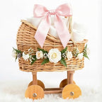 Wicker Stroller Flower Basket,Woven Rattan Pushcart Planter Basket for Wedding Baby Shower Centerpiece Candy Storage Home Decor (Small) - Image 3