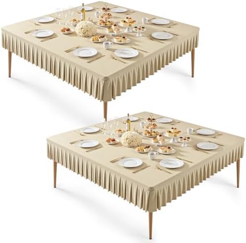 2 Pack Natural Spandex Tablecloths for 60x60 Inch Square Tables, Stretch Fitted Table Clothes with Pleated Ruffle Skirt for 60” Table, Wrinkle Free and Elastic, for Party Kitchen Home Dining by WishCare