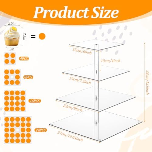 2 Pack 4 Tier Acrylic Cupcake Stand, Square Cupcake Tower for 52 Cupcakes, Clear Dessert Display Stand Set for Birthday Wedding Baby Shower Party Decor - Image 2