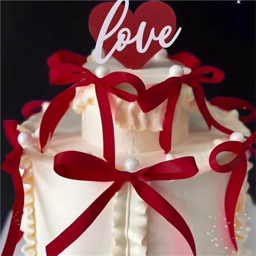 200pcs Satin Ribbon Bow Cake Toppers Pink Red Love Couple Cake - Image 3