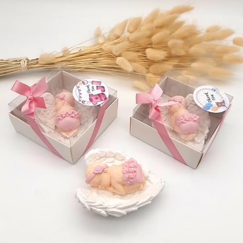 Baby Shower Favor, Set of Stone Angel with Wing Baby Favor Magnet, Baptism Return giveaways Pink White Blue Girl Boy Favor Magnets, Gender Reveal, Communion Gifts (White Wing Pink Baby, Set of 20) by GiftUp