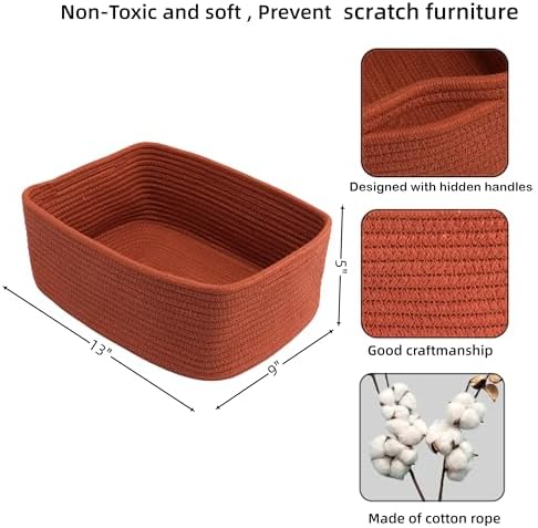 XUANGUO Small Woven Storage Baskets for Shelves, 13" x 9" x 5", Rustic - Image 2