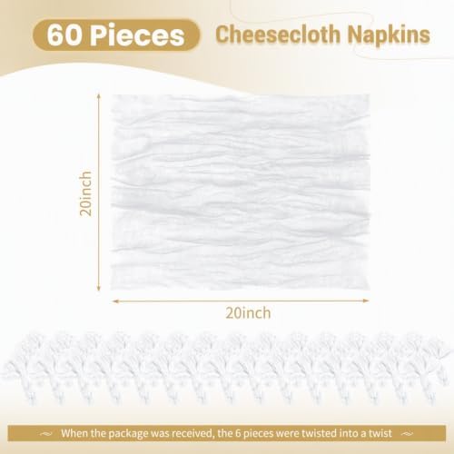 Cloth Napkins Set of 60 White Cloth Napkins 20x20inch Cheesecloth Napkin Rustic Boho Gauze Dinner Napkin Cloth Washable Elegant Table Napkins Bulk for Wedding Party Bridal Baby Shower Table Decor - Image 2