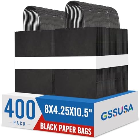 GSSUSA 400 Pack 8x4.25x10.5'' Paper Bags with Handles Bulk, Black Kraft Paper Gift Bags for Small Business, Sturdy Grocery Retail Shopping Bag, Birthday Party Favor Bag, Craft by GSSUSA