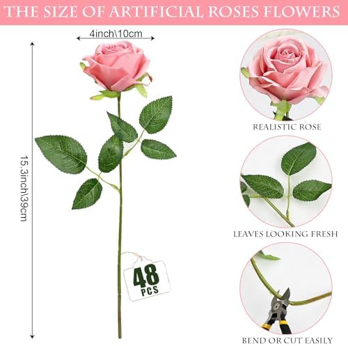 48 PCS Dusty Pink Roses Artificial Flowers, Silk - Image 2
