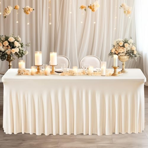 Wish Care 2 Pack Stretch Spandex Table Clothes for 8 Foot Rectangle Tables, 8FT Wrinkle Free Fitted Tablecloths Ruffles Design Table Cover for Party, Banquet, Wedding and Events - Image 6