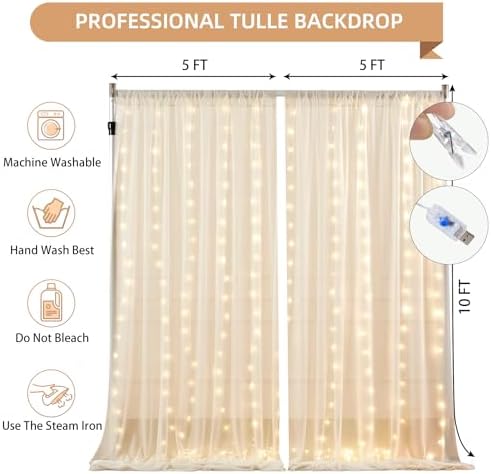 Wish Care 20x10FT Cream Wrinkle Free Backdrop Curtains with Lights String for Parties - Photo Curtain Backdrop with Lights for Wedding Decorations, Bridal Baby Shower Birthday Party Photography - Image 4