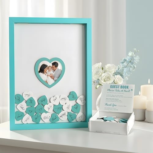 Blue Wedding Guest Book Alternative, Guest Book Wedding Reception, Wedding Guest Book with Wooden Hearts Guest Book Signs for Wedding Anniversary Birthday Party Baby Shower - Image 2
