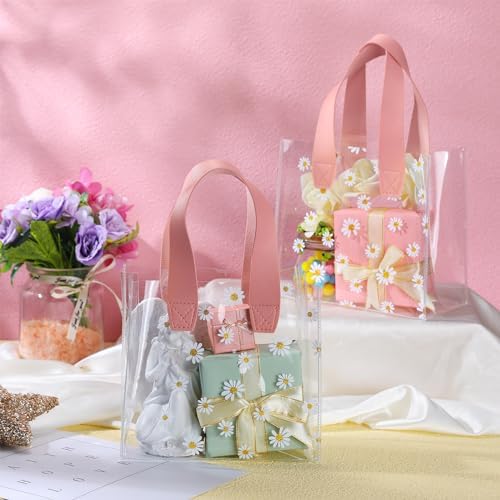 Clysee 24 Pcs Clear Gift Bags Daisy Pattern Transparent PVC Tote,Pink - Image 6