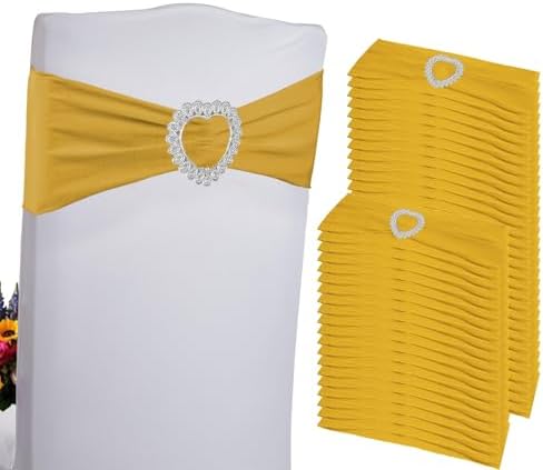 100PCS Spandex Stretch Gold Chair Sashes Bows Universal Elastic Chair Cover Bands Ties with Buckle Slider for Wedding Party Birthday Reception Event Banquet Decoration(Gold) by Zrlljp