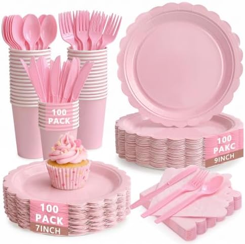 Nihaoya 700PC Pink Disposable Paper Plate set Party Supplies for 100 by Nihaoya