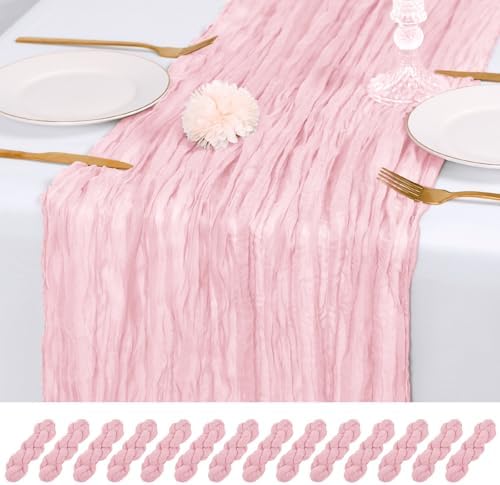 14 Pack Light Pink Cheesecloth Table Runner 17x108 Inch Semi Sheer Boho Gauze Cheese Cloth Fabric Table Runners, for Wedding Party Baby Shower Birthday Home Decor Garden Farmhouse by Unknown