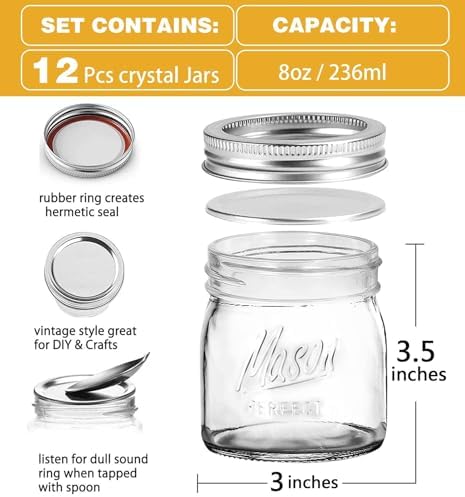Mason Jars, 8 OZ, 12 Pack with Lids and Bands, Glass Canning Jars for Canning, Pickling, Preserving, Jam, Honey, Wedding Favors, Shower Favors (12 Pack) (Regular Mouth) - Image 2