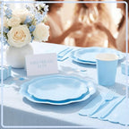 350 Pcs Light Blue Scalloped Disposable Plates Tableware Set for 50 Guests - Image 3