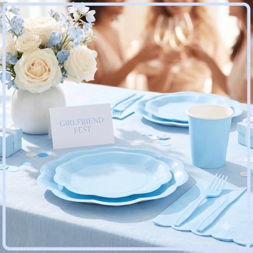 350 Pcs Light Blue Scalloped Disposable Plates Tableware Set for 50 Guests - Image 3